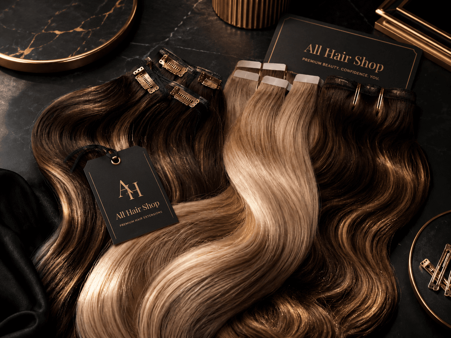 All Hair Shop branded luxury hair extension flat lay
