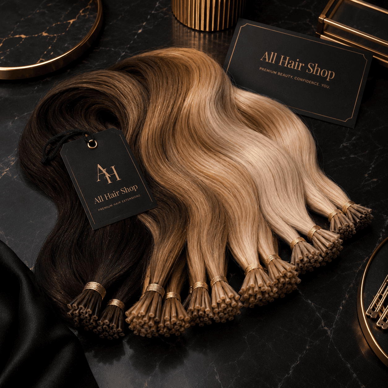 Keratin Bond U-Tip Extensions fanned out in multiple shades