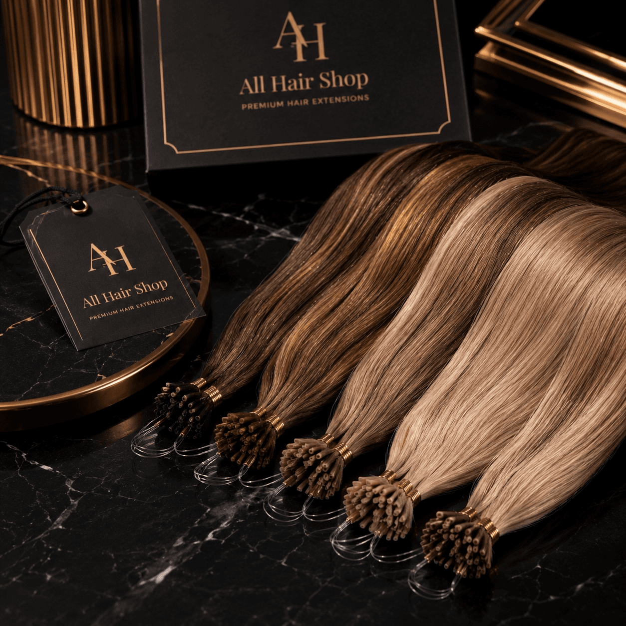 Micro-Link I-Tip Extensions fanned out showing individual strands with loop tips
