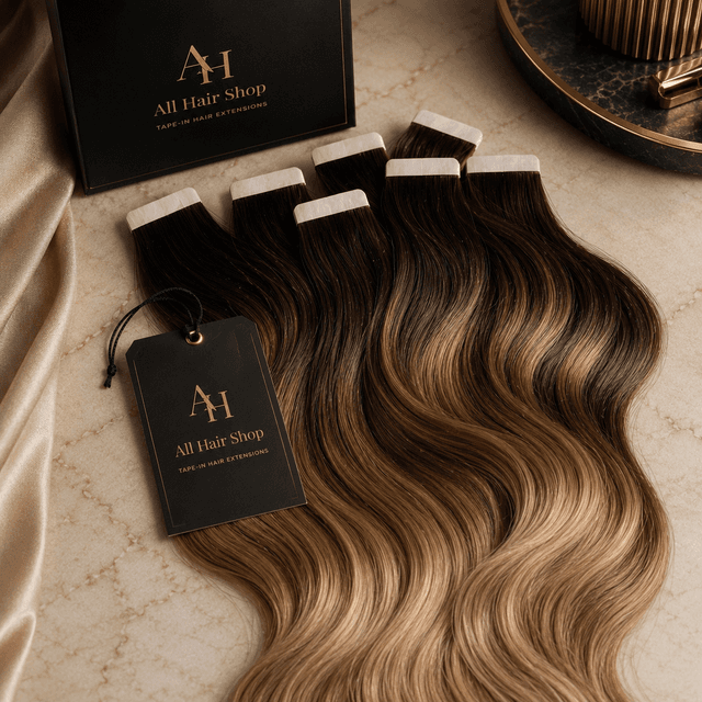 Tape-In Hair Extensions fanned out showing tape bonds
